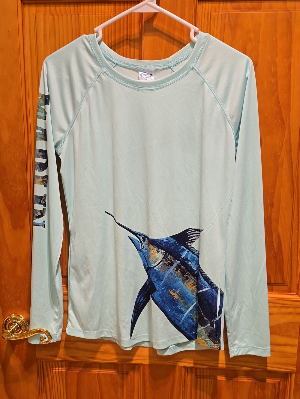 Womens Performance Long-Sleeve Shirt with Blue Marlin Graphic - Light Aqua